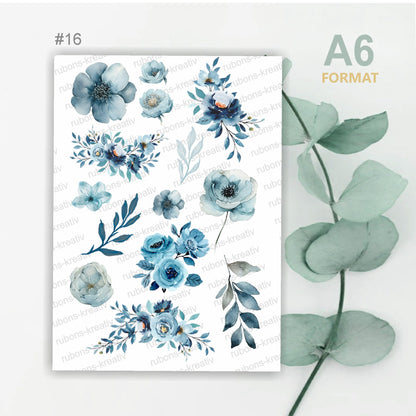 16# Winterblumen randlose Rub-On Sticker Floral Blumen blau A6 für Raysin, Keraflott, Glas, Holz