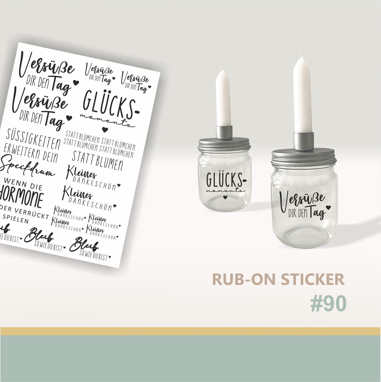 90# Glückmomente rub on sprüche -  randlose Sticker A5 Aufkleber für Dekoration auf Raysin, Keraflott, Holz, Glas